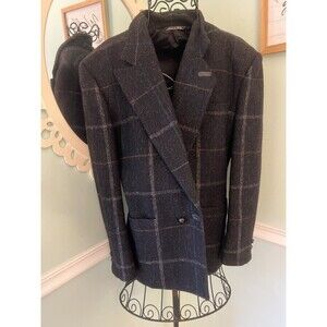 Gianni Versace Blazer Sz 44 Made In Italy Plaid Leather Trim Wool Vtg